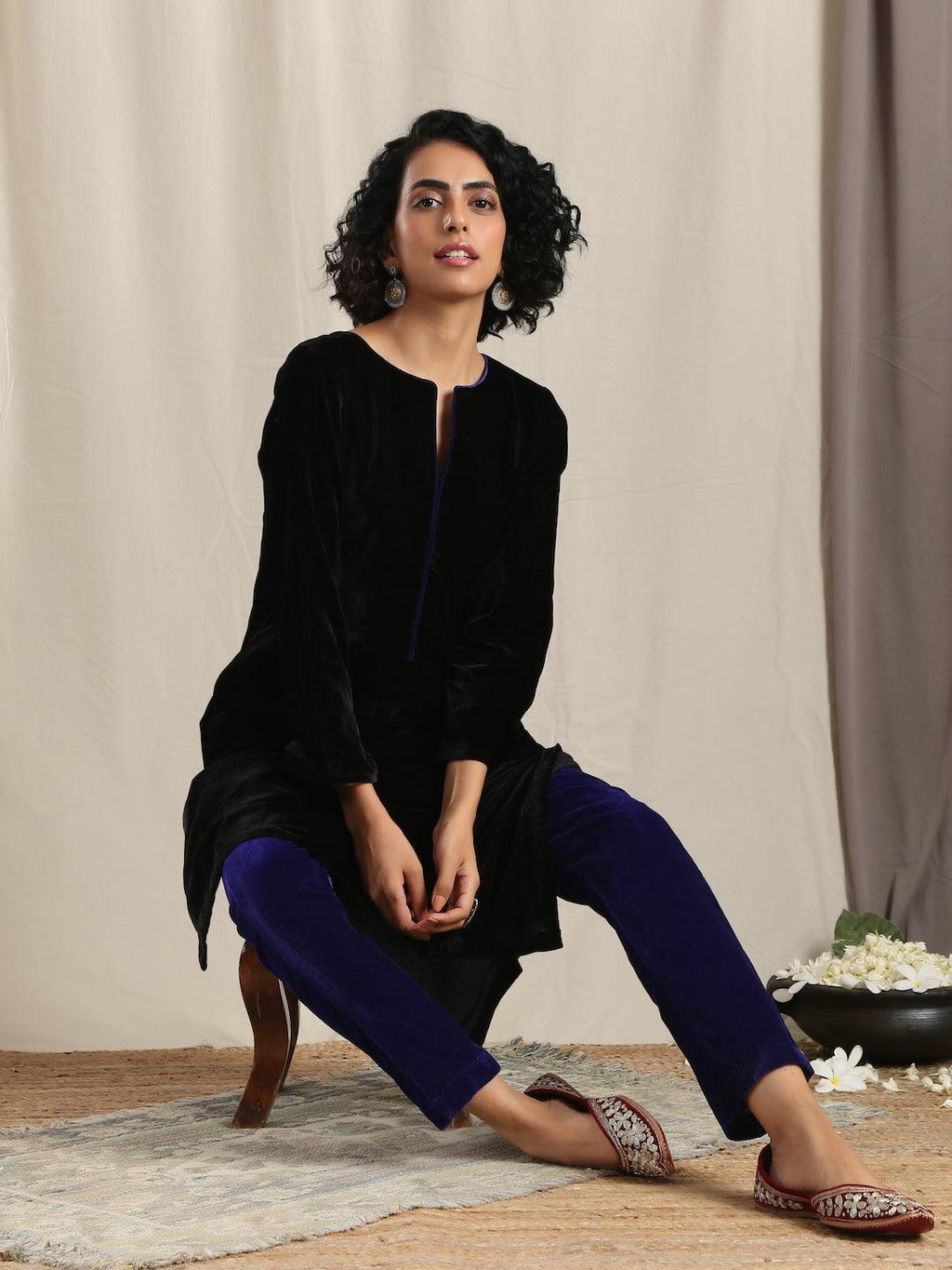trueBrowns Black Velvet slit Kurta | Grocsy