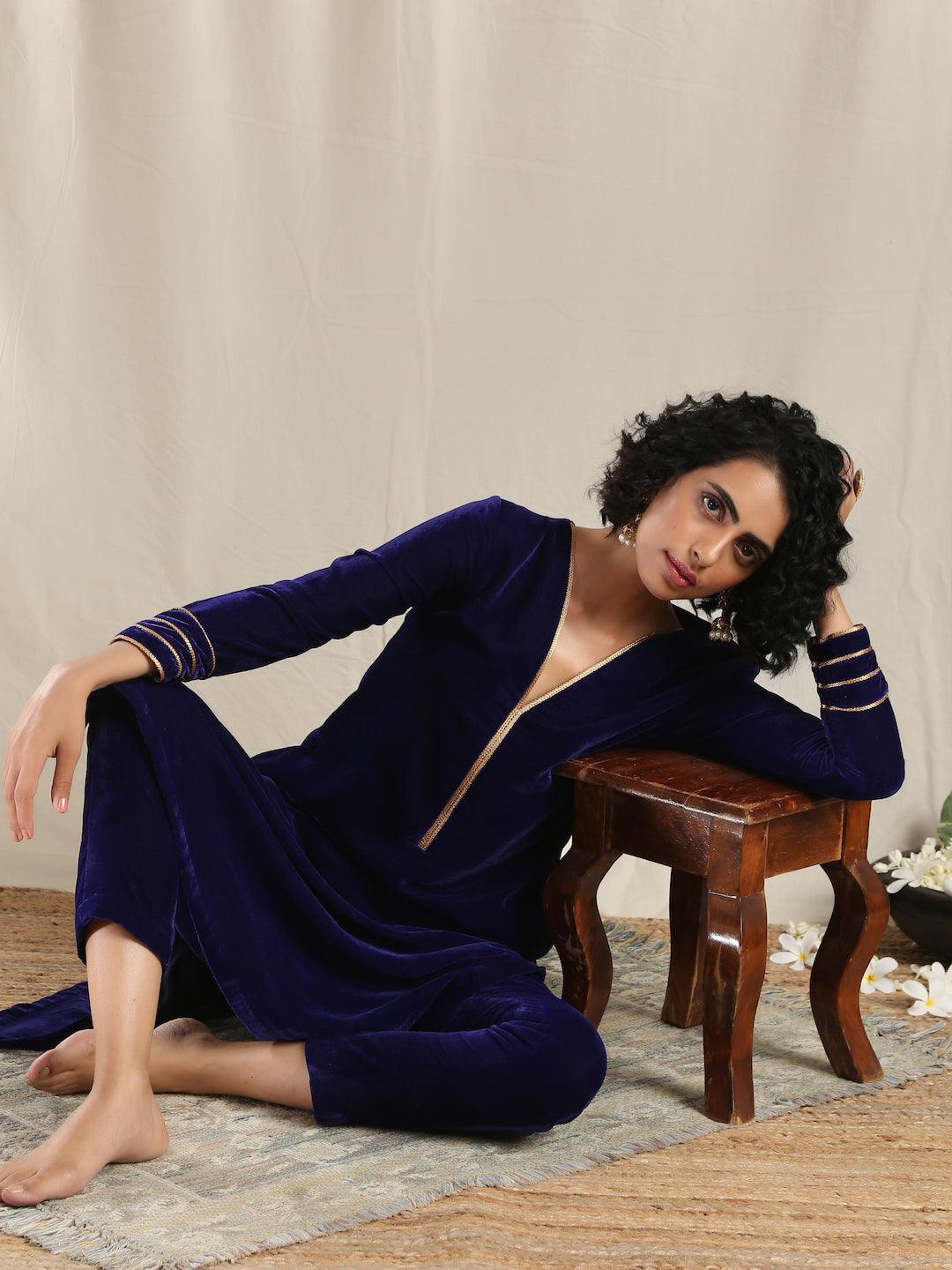 trueBrowns Blue Velvet Gota Kurta | Grocsy