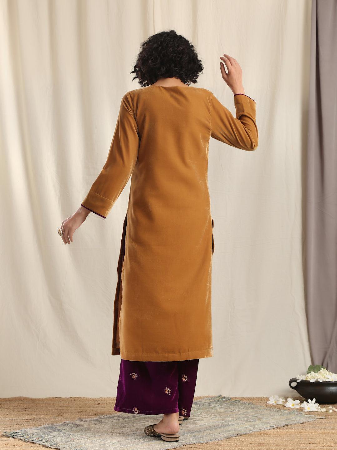trueBrowns Brown Velvet Slit Kurta | Grocsy