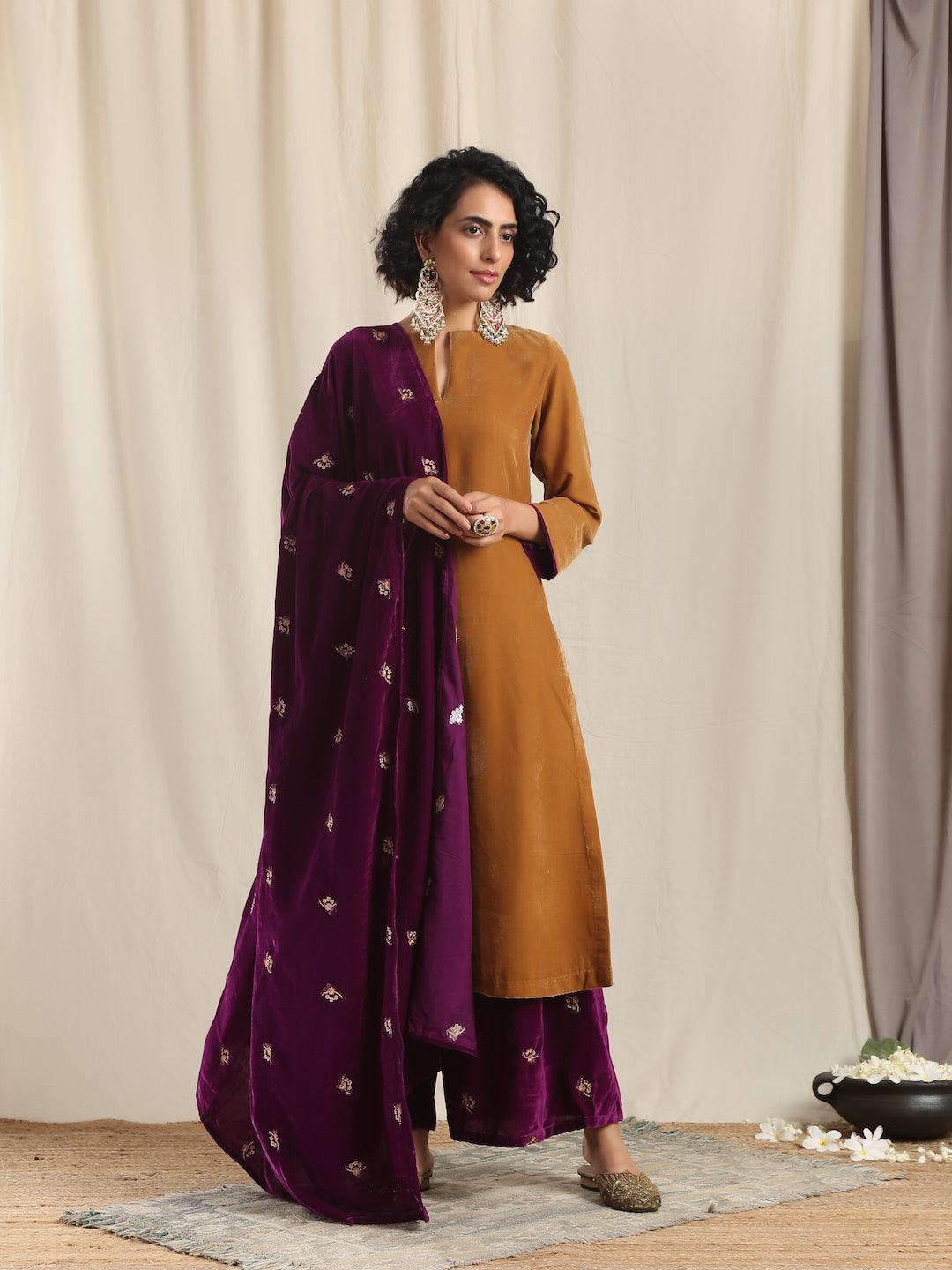 trueBrowns Brown Velvet Slit Kurta | Grocsy