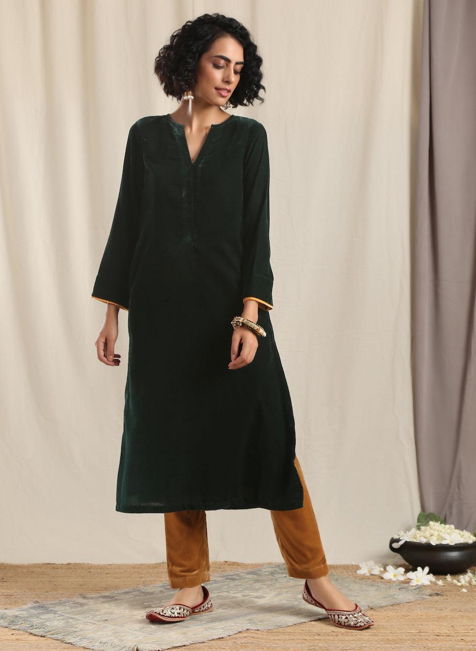 trueBrowns Green Velvet Slit Kurta | Grocsy