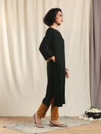 trueBrowns Green Velvet Slit Kurta | Grocsy