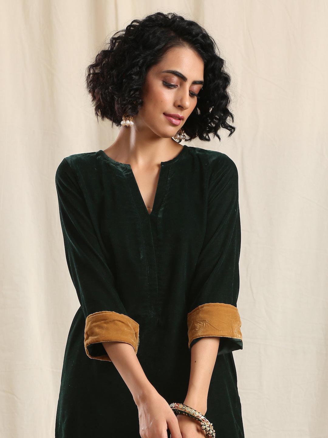 trueBrowns Green Velvet Slit Kurta | Grocsy