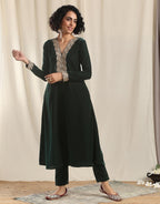 trueBrowns Green Velvet Flared Gota Kurta | Grocsy