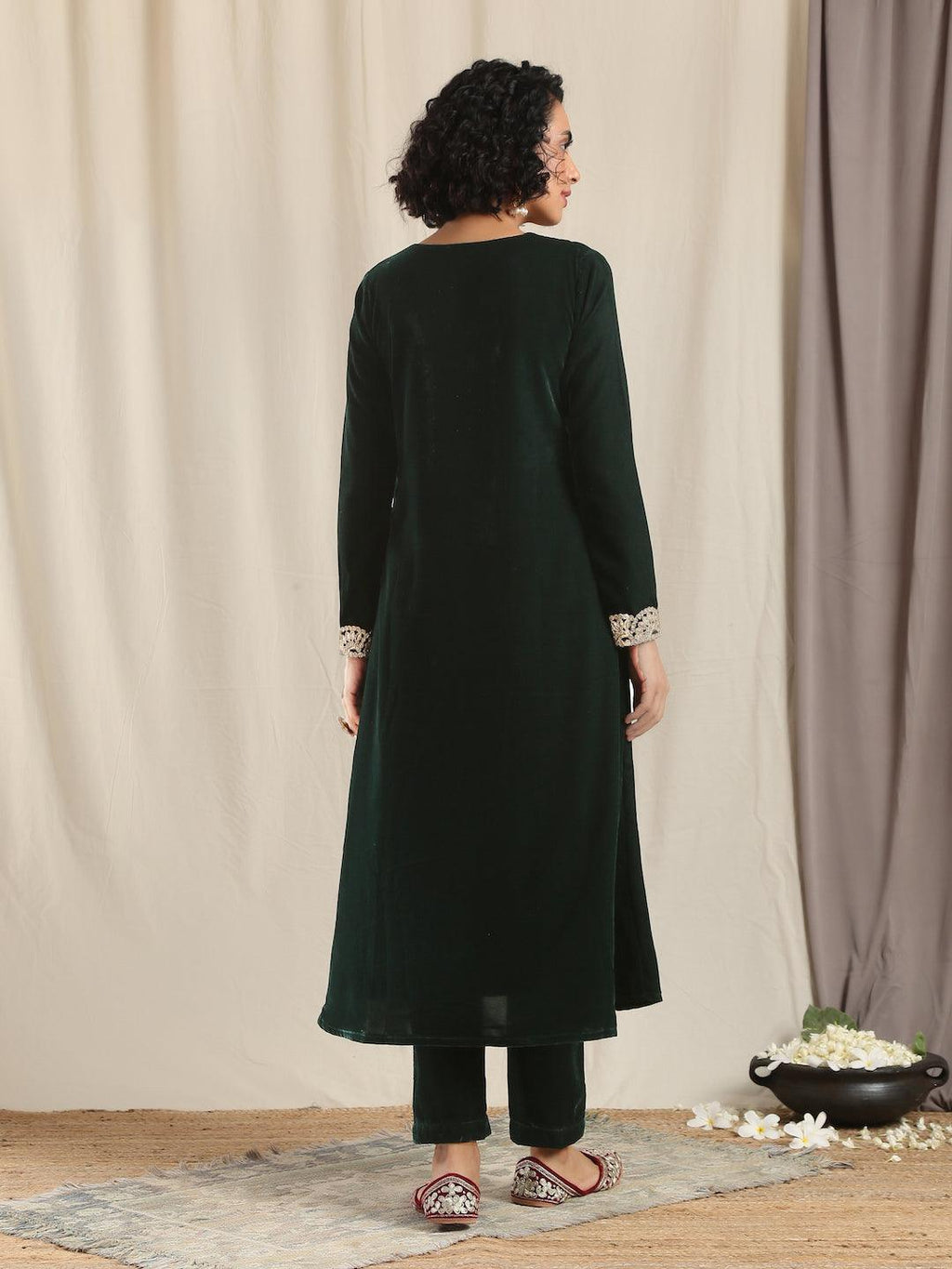 trueBrowns Green Velvet Flared Gota Kurta | Grocsy
