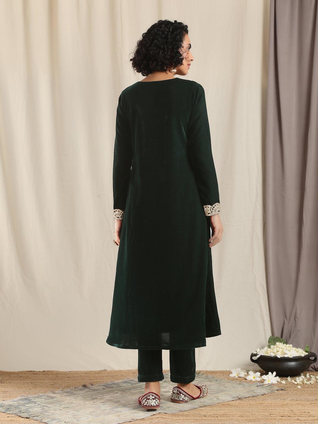trueBrowns Green Velvet Flared Gota Kurta | Grocsy