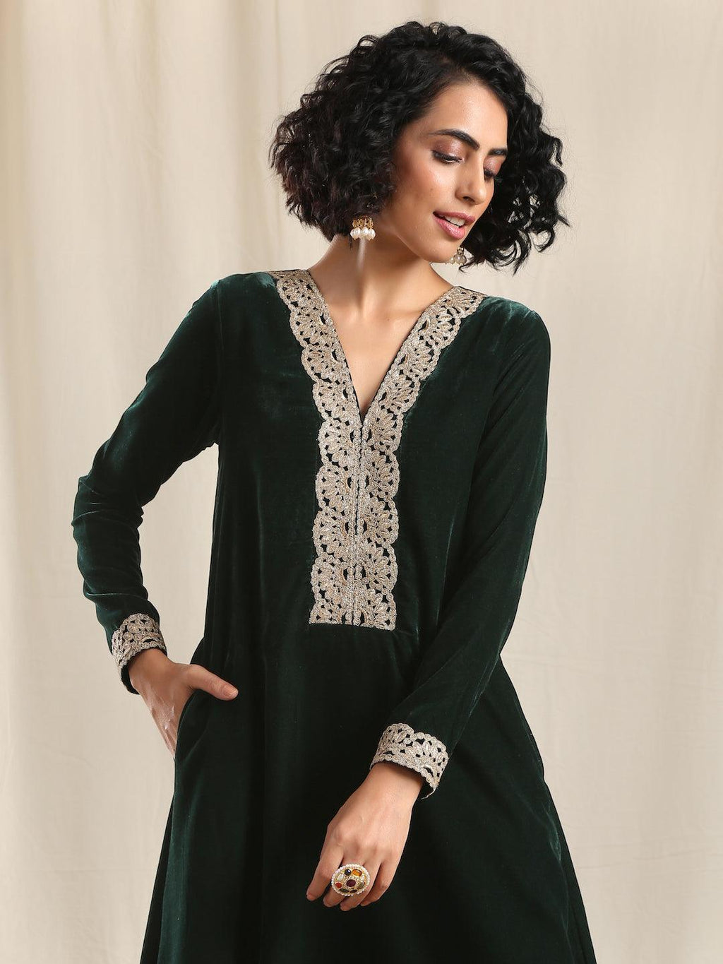 trueBrowns Green Velvet Flared Gota Kurta | Grocsy