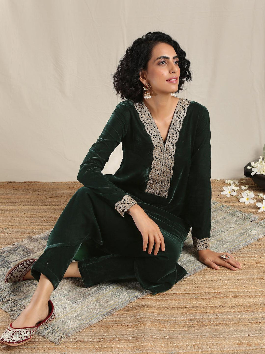 trueBrowns Green Velvet Flared Gota Kurta | Grocsy