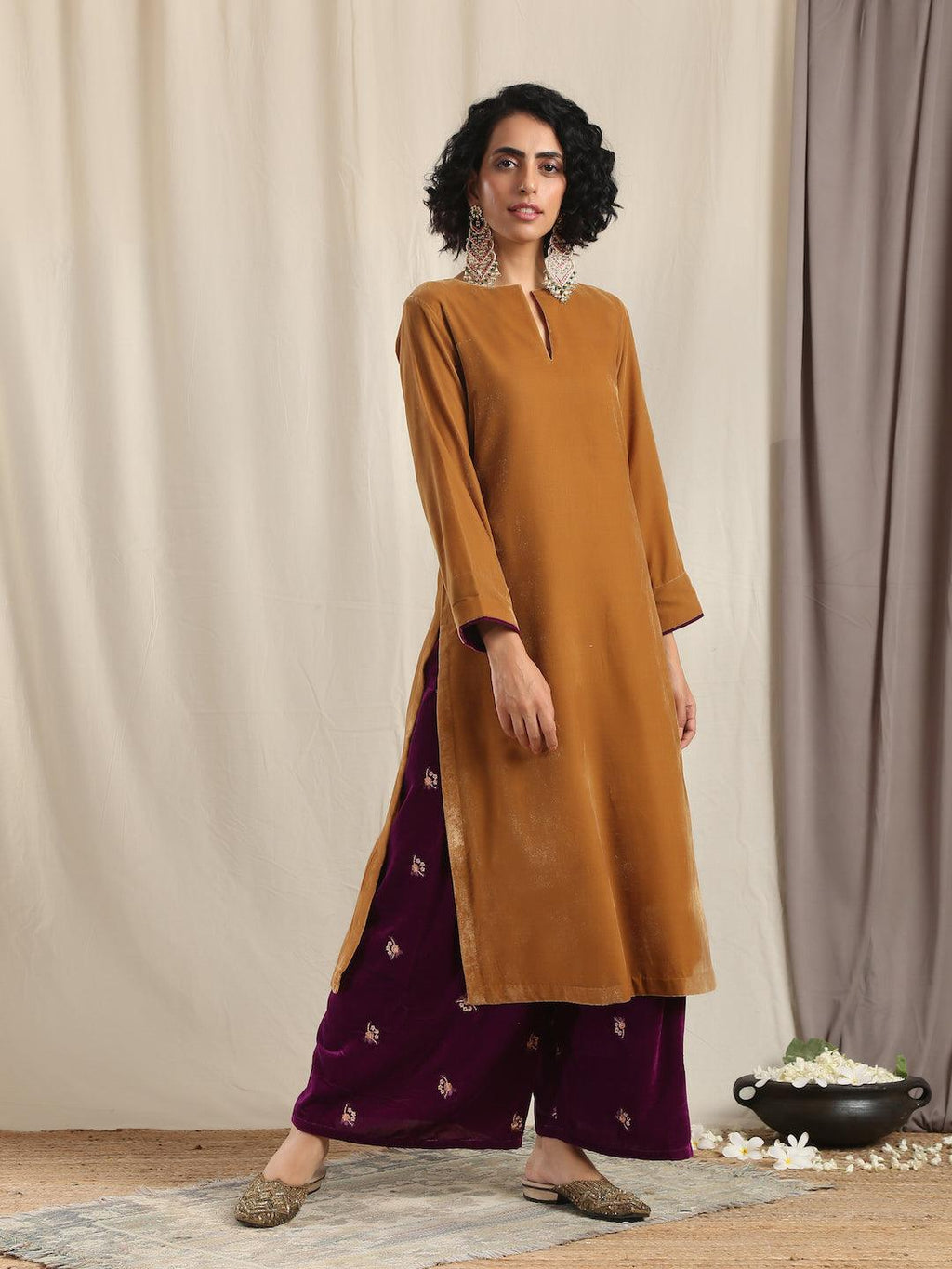 trueBrowns Wine Velvet Embroidered Palazzo | Grocsy