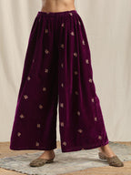 trueBrowns Wine Velvet Embroidered Palazzo | Grocsy