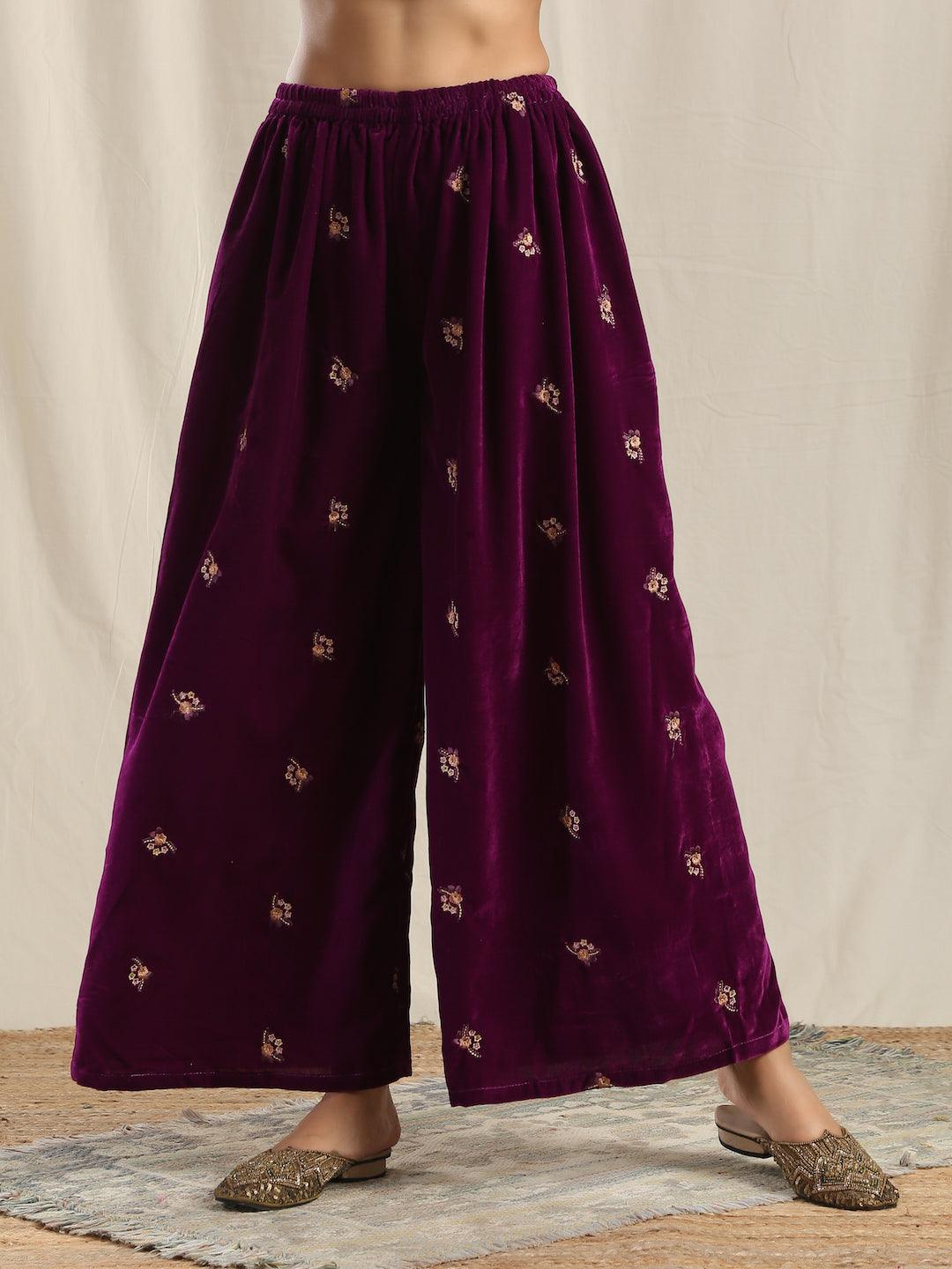 trueBrowns Wine Velvet Embroidered Palazzo | Grocsy