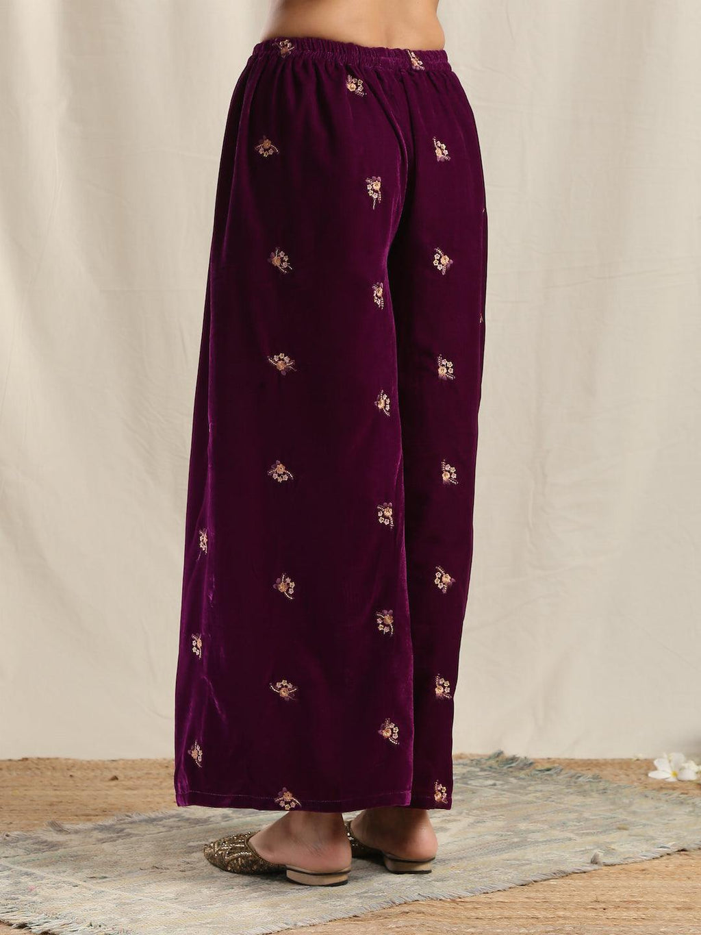 trueBrowns Wine Velvet Embroidered Palazzo | Grocsy