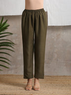 trueBrowns Cotton Linen Dark Green Pant | Grocsy
