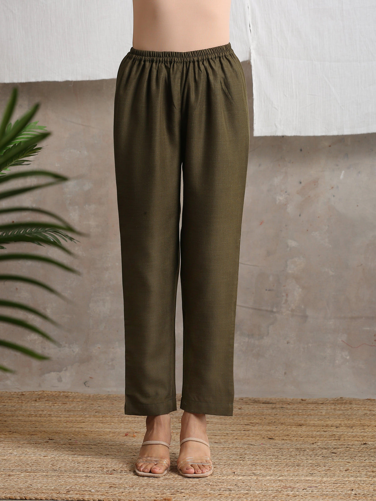 trueBrowns Cotton Linen Dark Green Pant | Grocsy