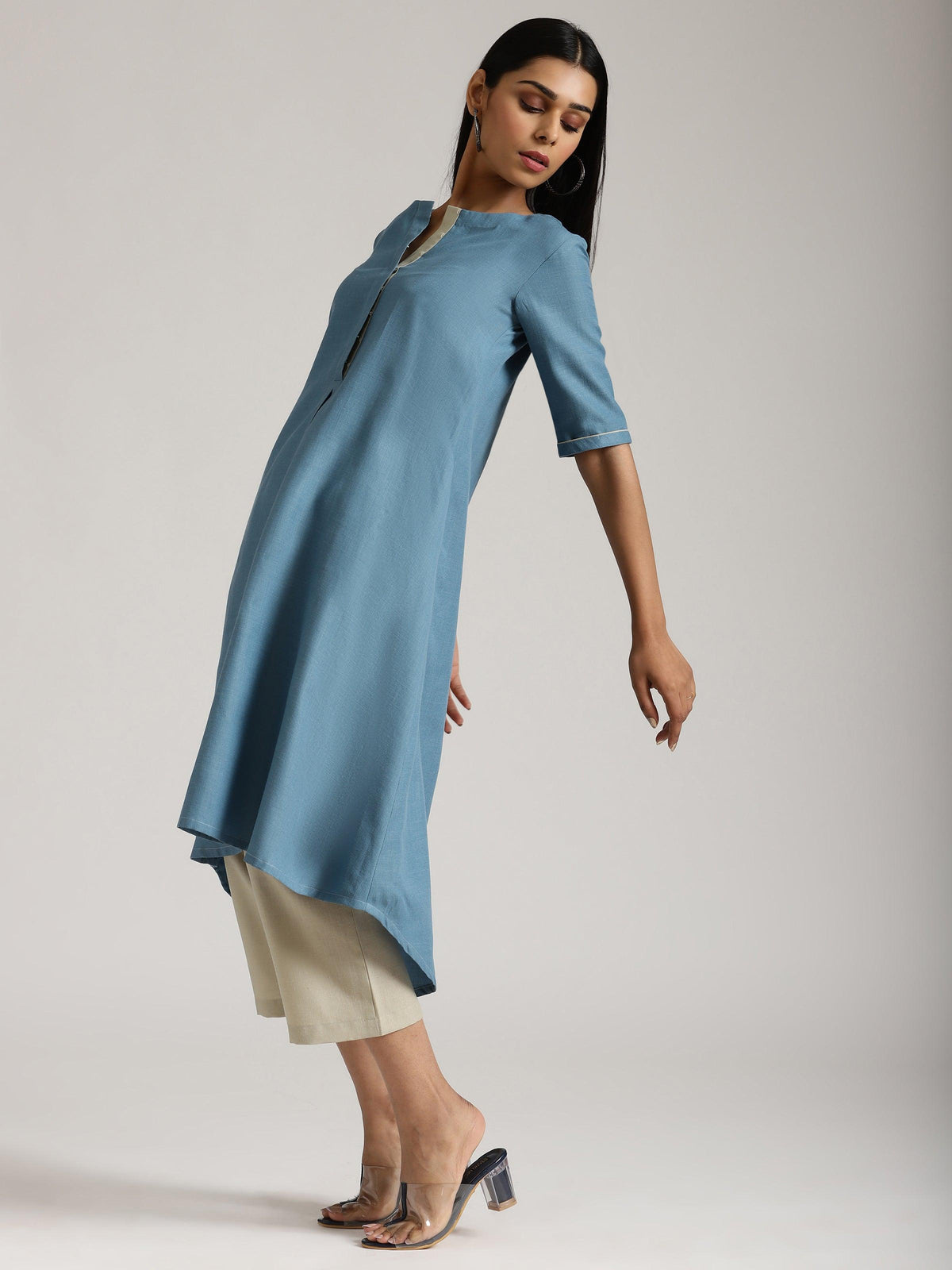trueBrowns Cotton Linen Steel Blue Kurta Pant Set | Grocsy