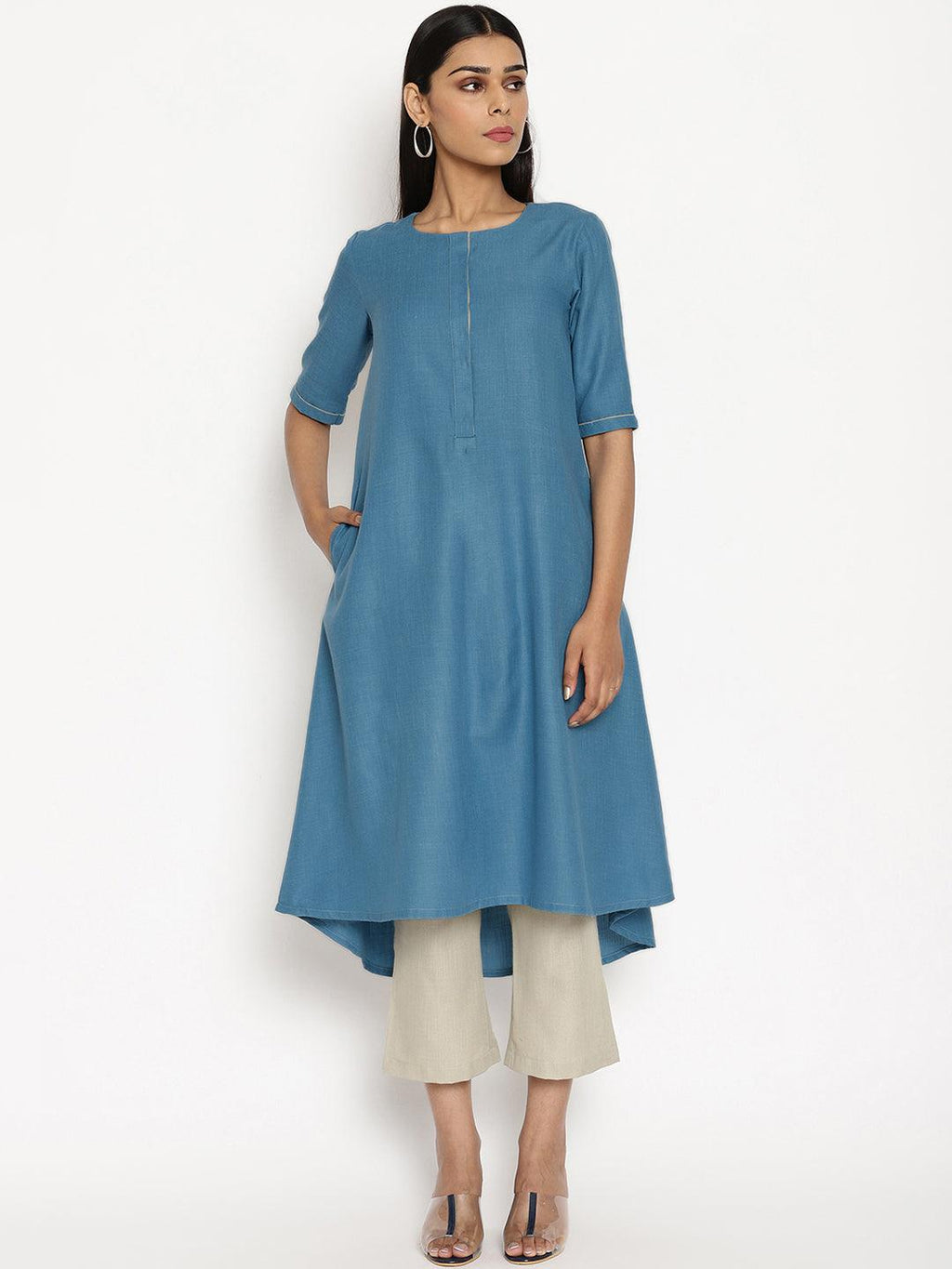 trueBrowns Cotton Linen Steel Blue Kurta Pant Set | Grocsy