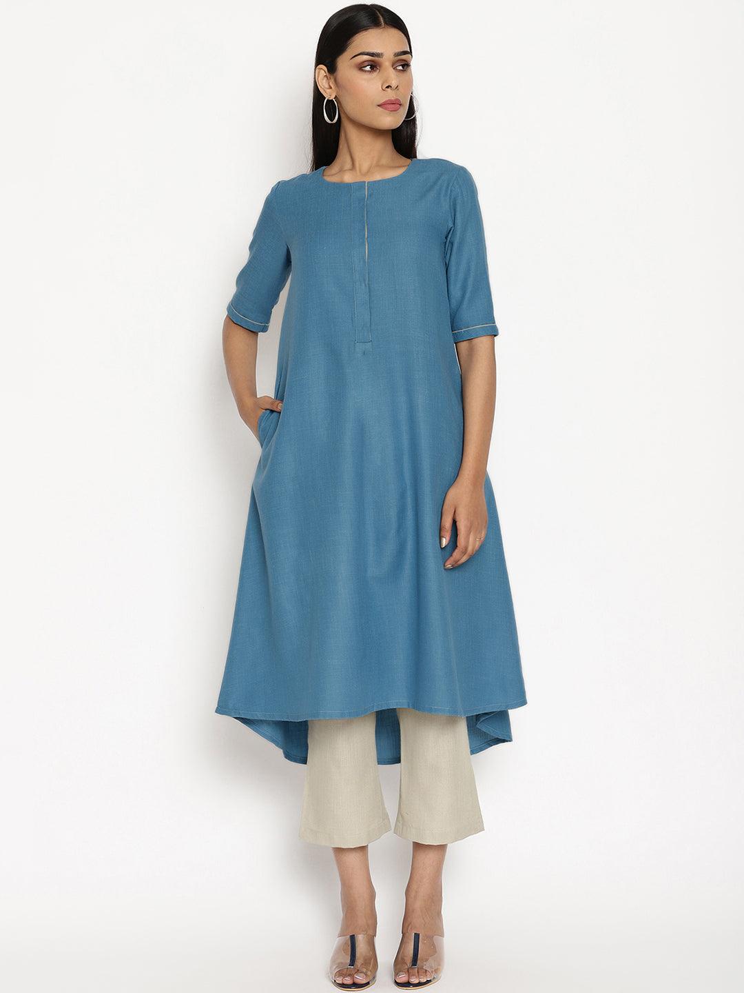 trueBrowns Cotton Linen Steel Blue Kurta Pant Set | Grocsy