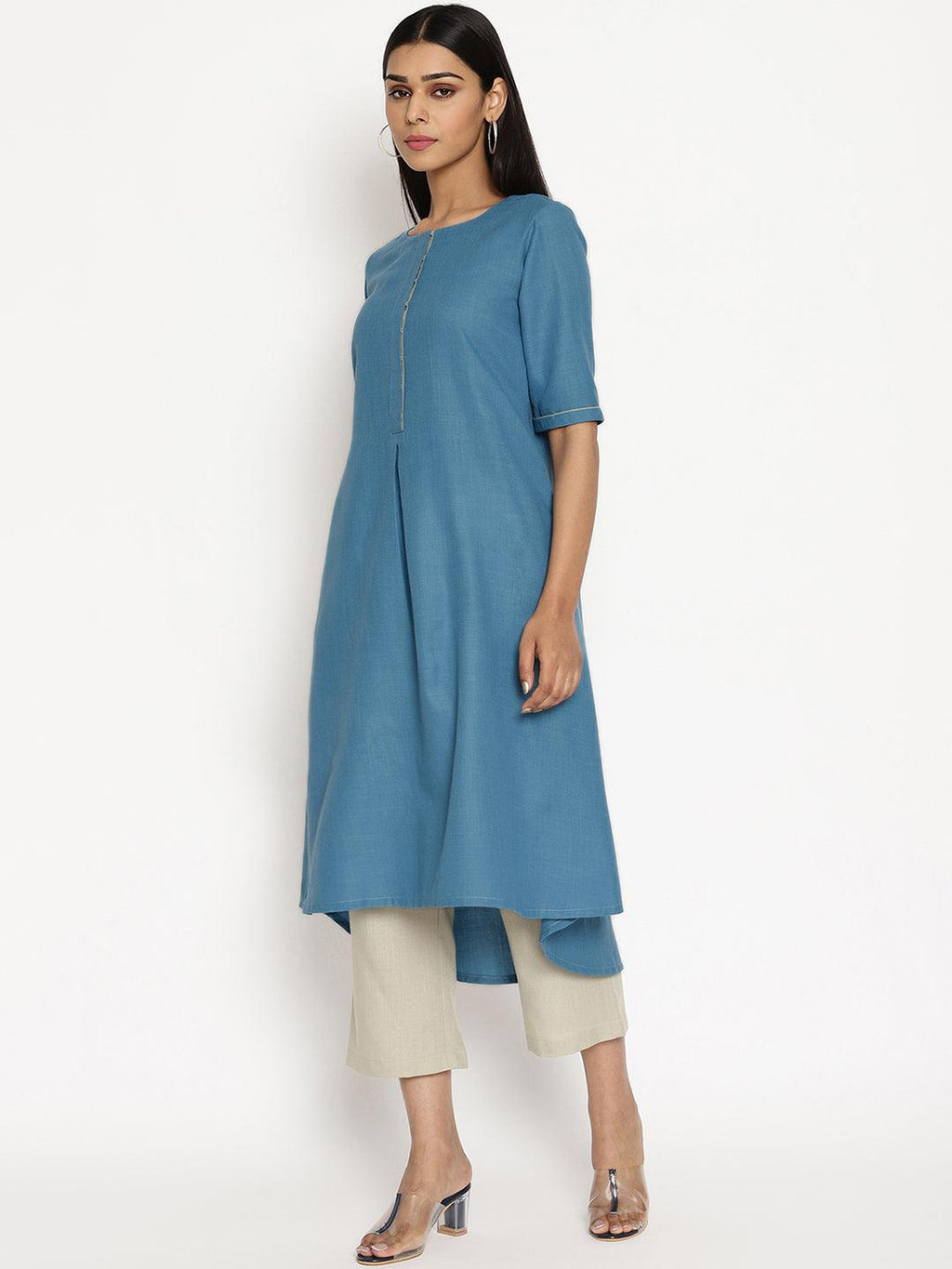 trueBrowns Cotton Linen Steel Blue Kurta Pant Set | Grocsy