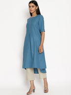 trueBrowns Cotton Linen Steel Blue Kurta Pant Set | Grocsy