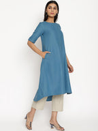 trueBrowns Cotton Linen Steel Blue Kurta Pant Set | Grocsy