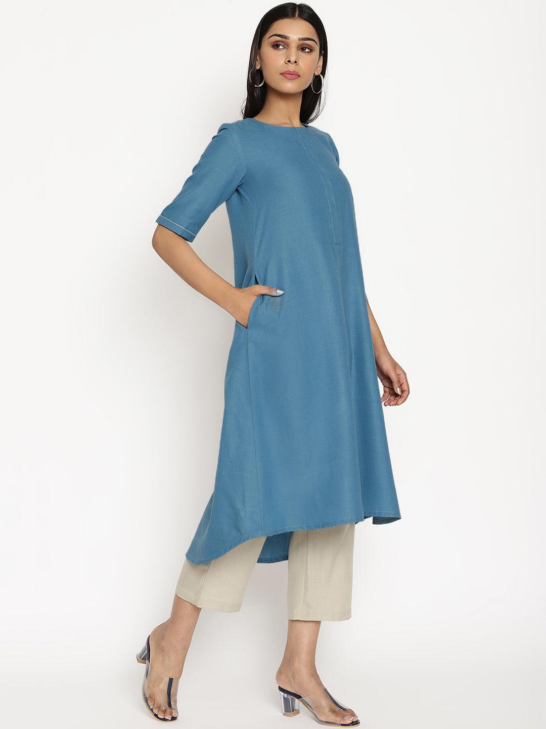 trueBrowns Cotton Linen Steel Blue Kurta Pant Set | Grocsy