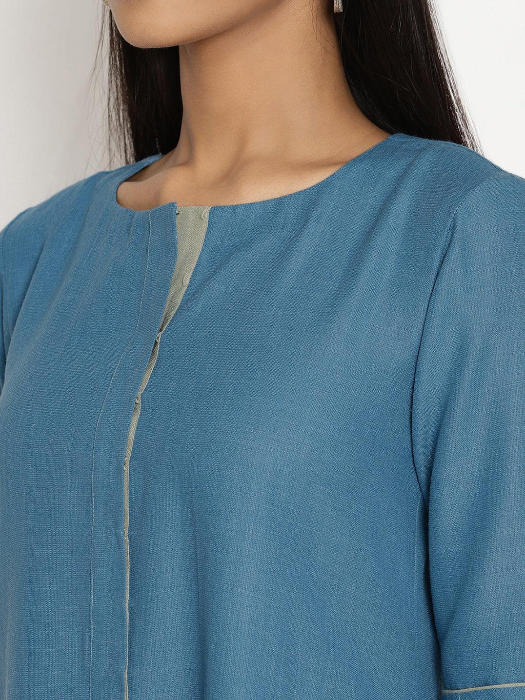 trueBrowns Cotton Linen Steel Blue Kurta Pant Set | Grocsy
