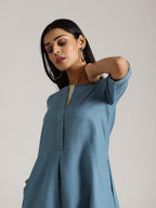 trueBrowns Cotton Linen Steel Blue Kurta Pant Set | Grocsy