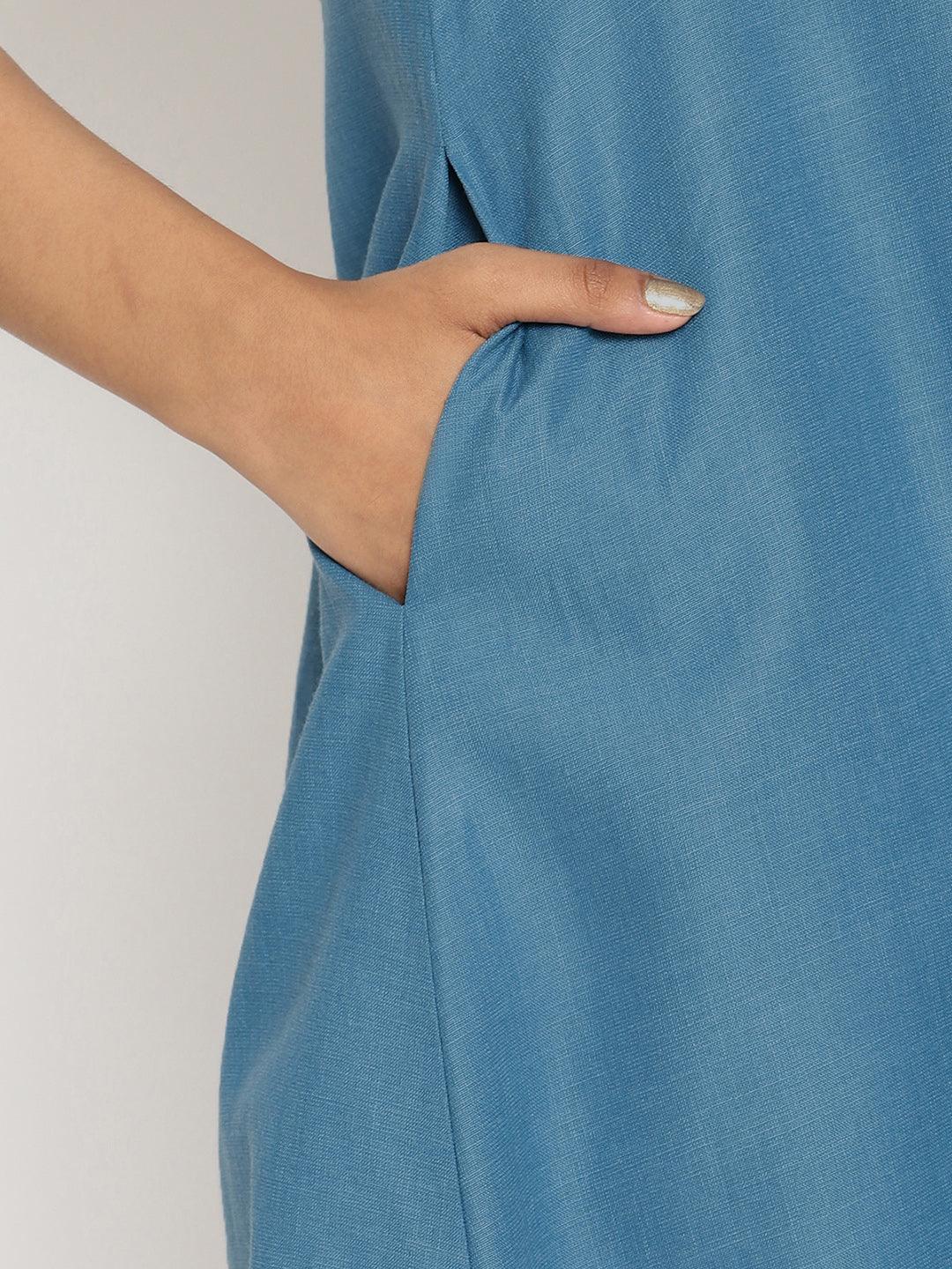 trueBrowns Cotton Linen Steel Blue Kurta Pant Set | Grocsy