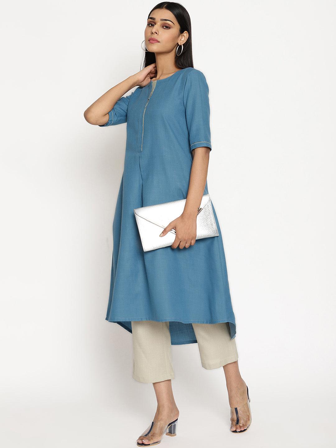 trueBrowns Cotton Linen Steel Blue Kurta Pant Set | Grocsy