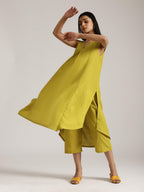 trueBrowns Cotton Linen Lime Green Sleeveless Flared Kurta Pant Set | Grocsy