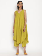 trueBrowns Cotton Linen Lime Green Sleeveless Flared Kurta Pant Set | Grocsy