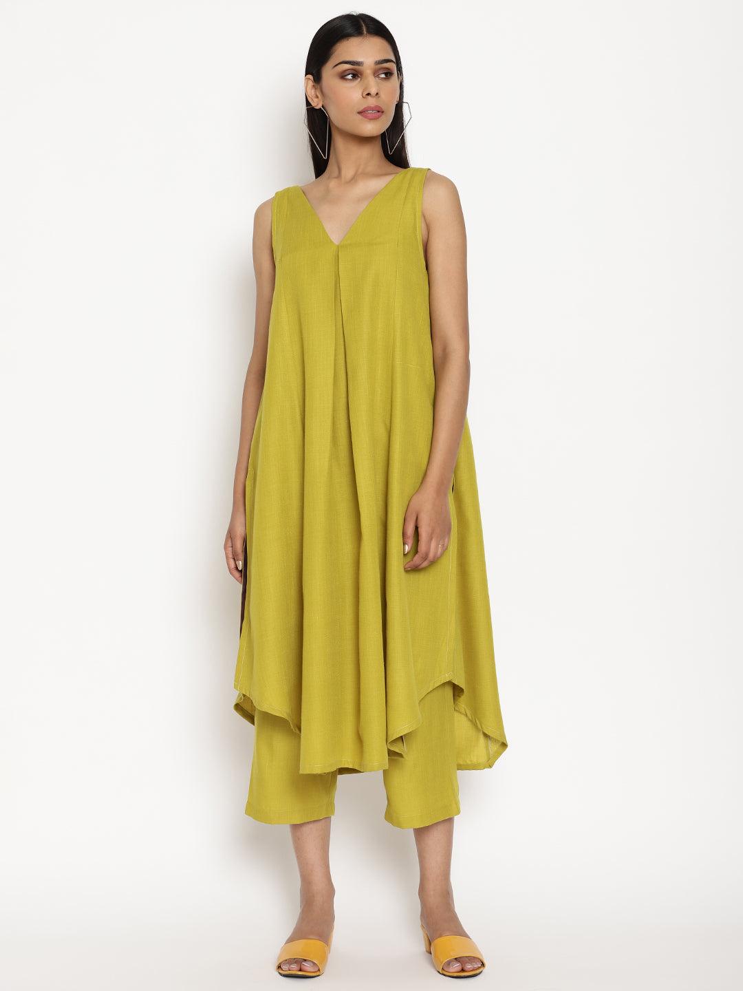 trueBrowns Cotton Linen Lime Green Sleeveless Flared Kurta Pant Set | Grocsy