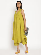 trueBrowns Cotton Linen Lime Green Sleeveless Flared Kurta Pant Set | Grocsy