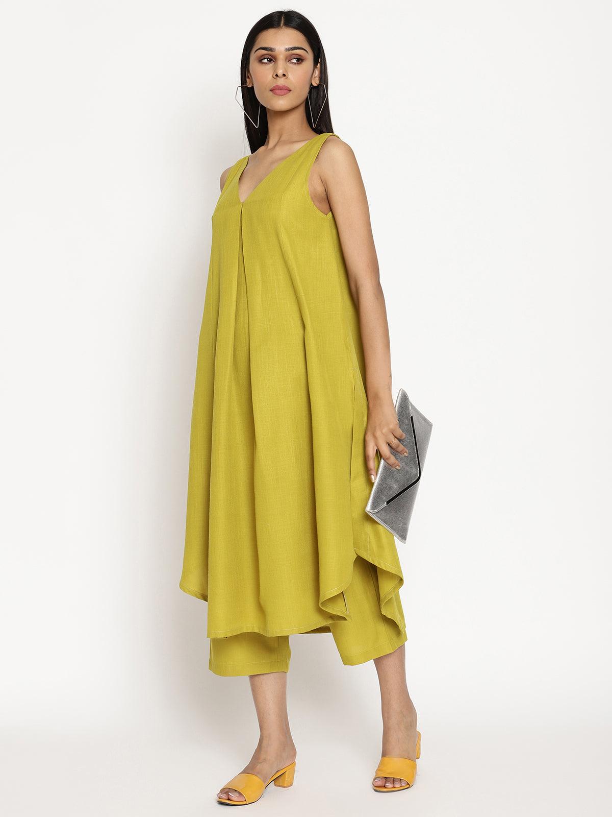 trueBrowns Cotton Linen Lime Green Sleeveless Flared Kurta Pant Set | Grocsy