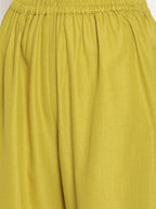 trueBrowns Cotton Linen Lime Green Sleeveless Flared Kurta Pant Set | Grocsy