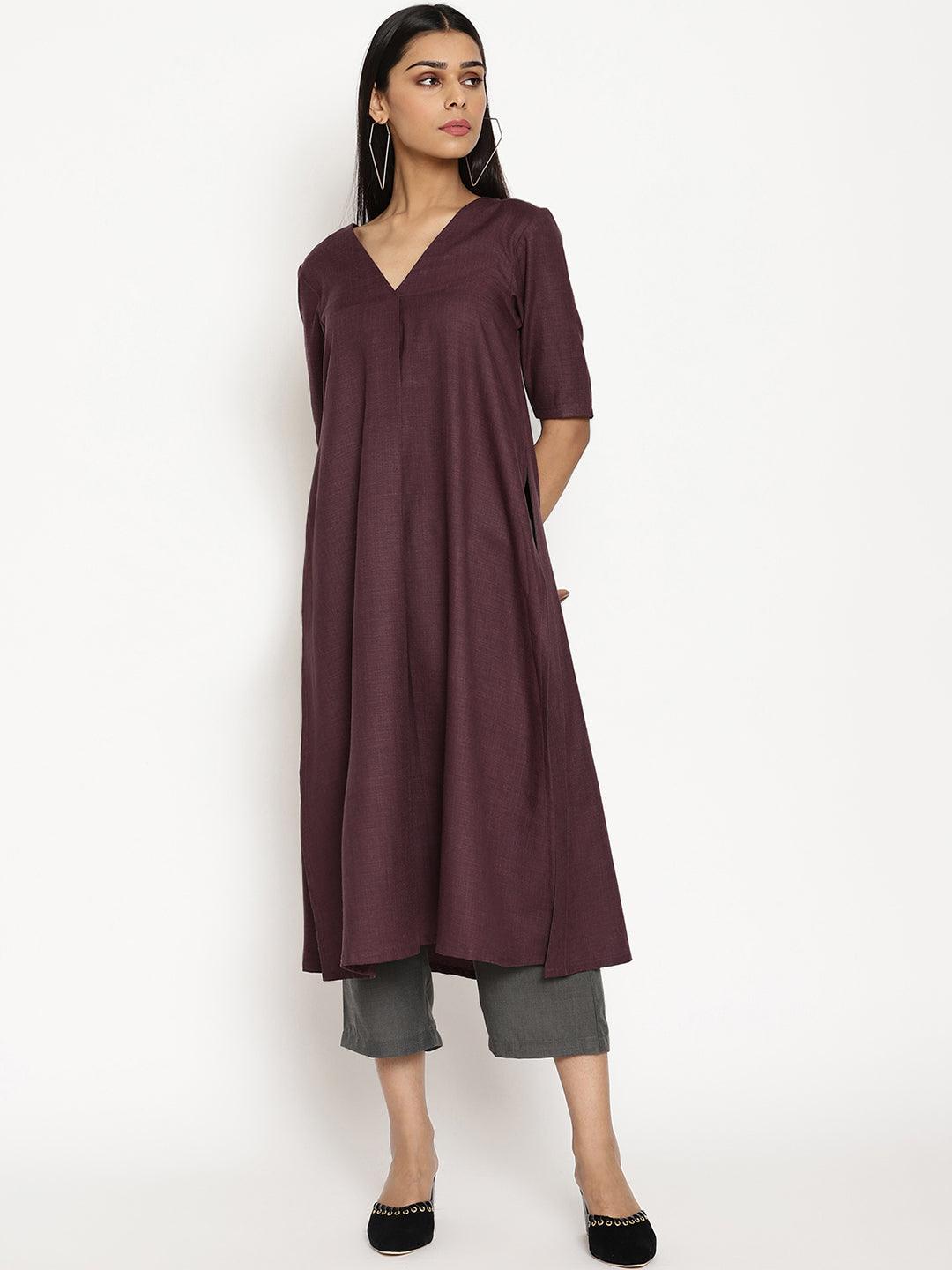 trueBrowns Cotton Linen Purple Kurta Pant Set | Grocsy