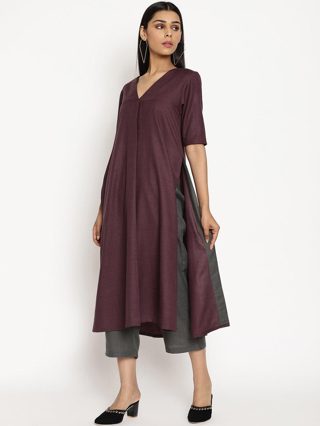trueBrowns Cotton Linen Purple Kurta Pant Set | Grocsy