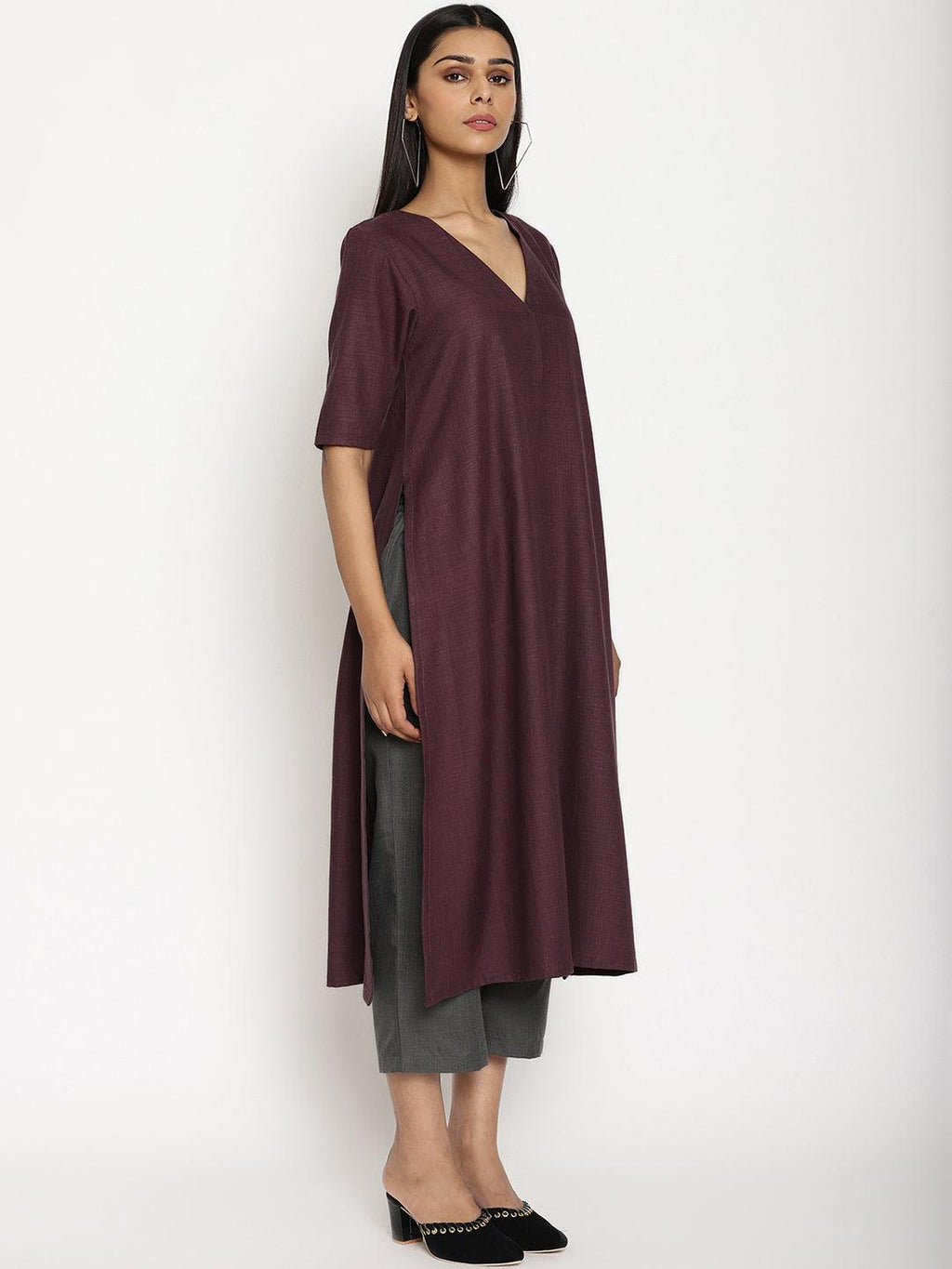 trueBrowns Cotton Linen Purple Kurta Pant Set | Grocsy