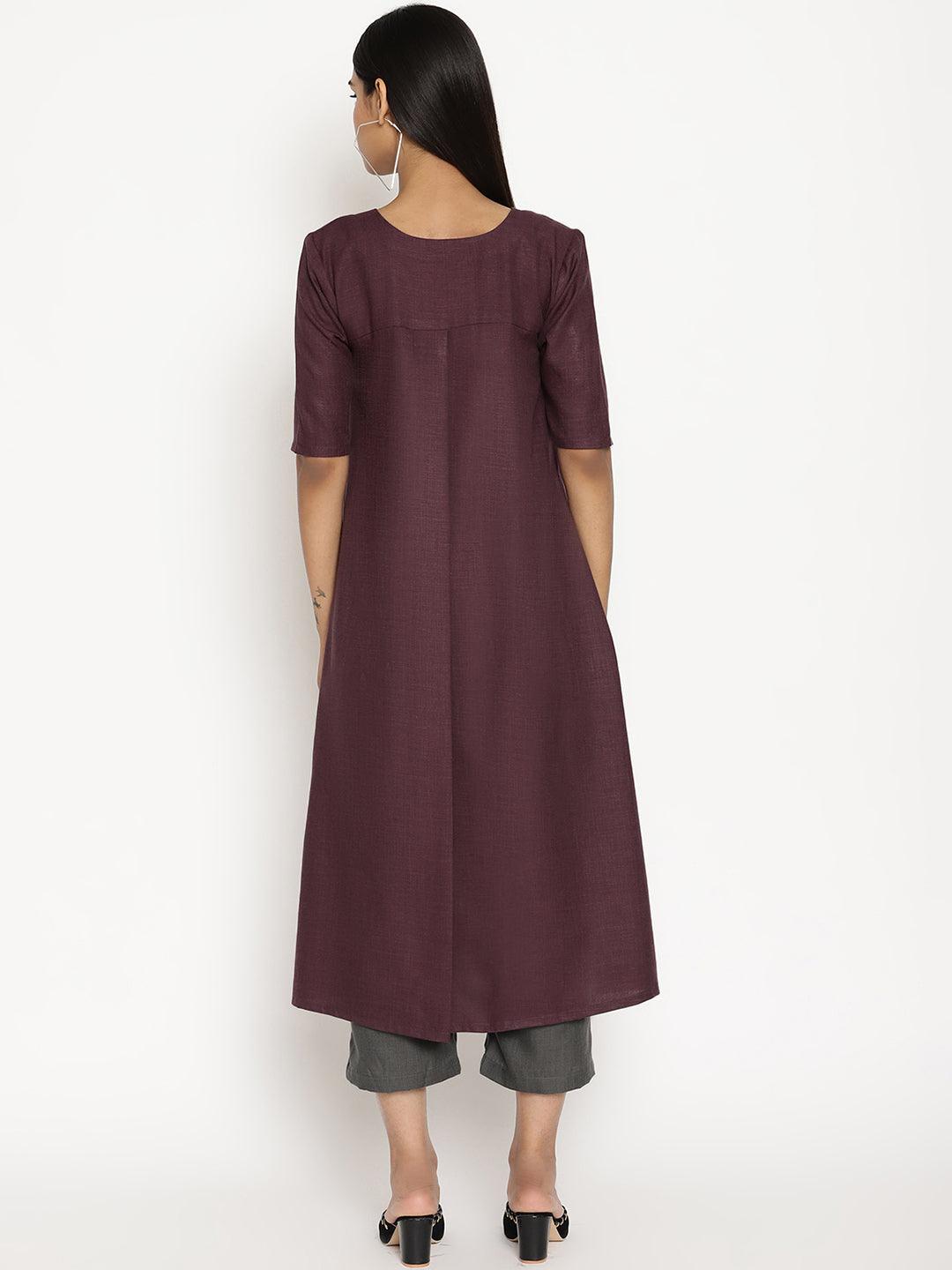 trueBrowns Cotton Linen Purple Kurta Pant Set | Grocsy