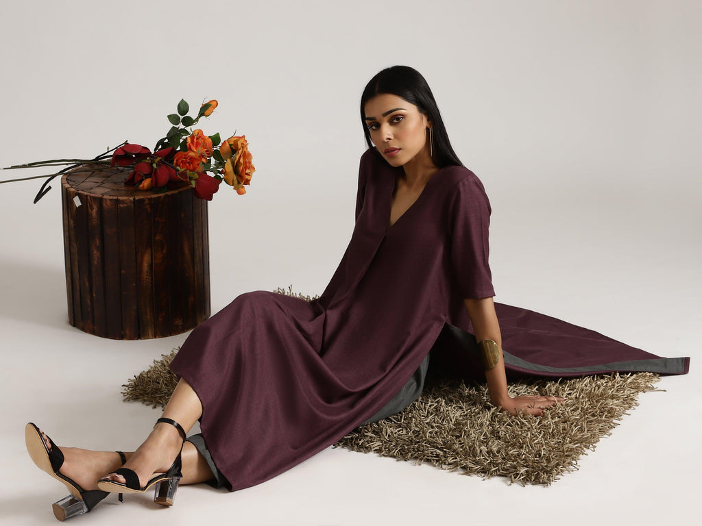trueBrowns Cotton Linen Purple Kurta Pant Set | Grocsy