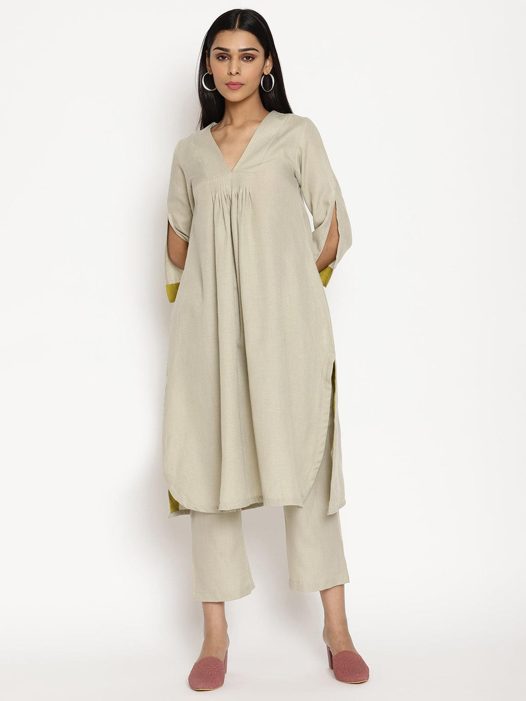 trueBrowns Cotton Linen Light Grey Flared Kurta Pant Set | Grocsy