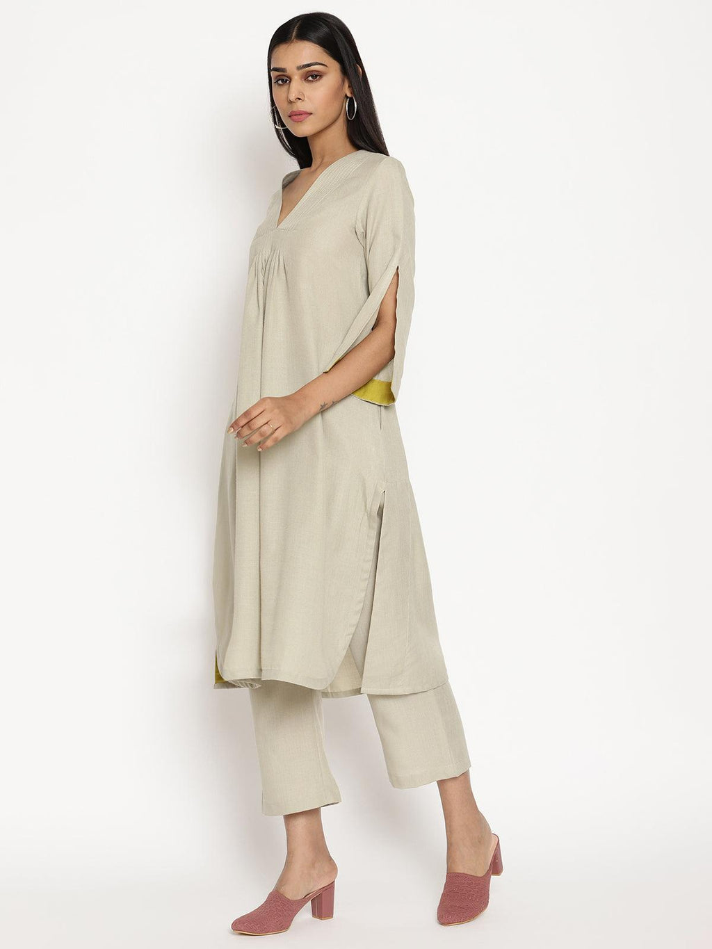 trueBrowns Cotton Linen Light Grey Flared Kurta Pant Set | Grocsy