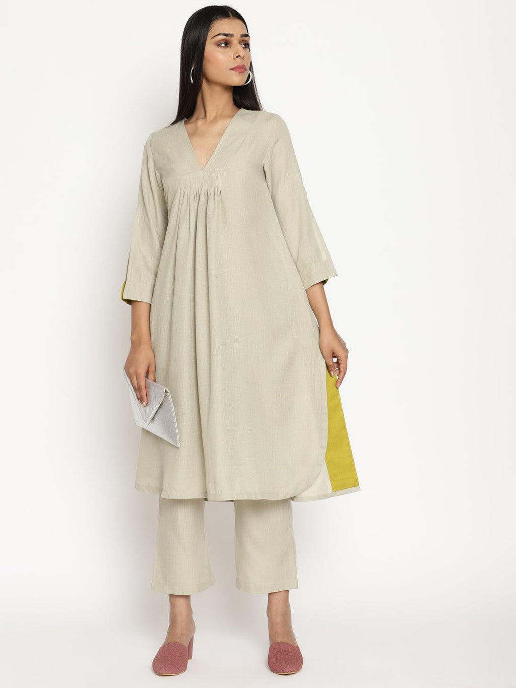 trueBrowns Cotton Linen Light Grey Flared Kurta Pant Set | Grocsy