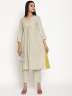 trueBrowns Cotton Linen Light Grey Flared Kurta Pant Set | Grocsy