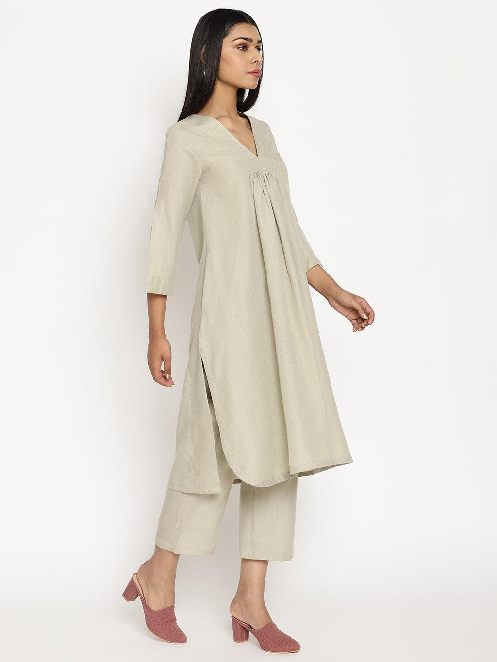 trueBrowns Cotton Linen Light Grey Flared Kurta Pant Set | Grocsy