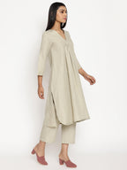trueBrowns Cotton Linen Light Grey Flared Kurta Pant Set | Grocsy