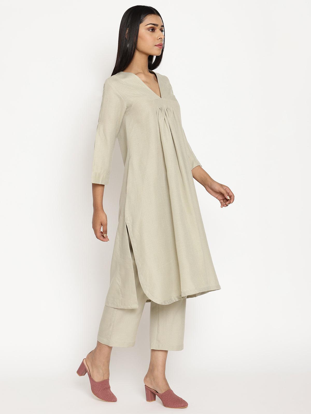 trueBrowns Cotton Linen Light Grey Flared Kurta Pant Set | Grocsy