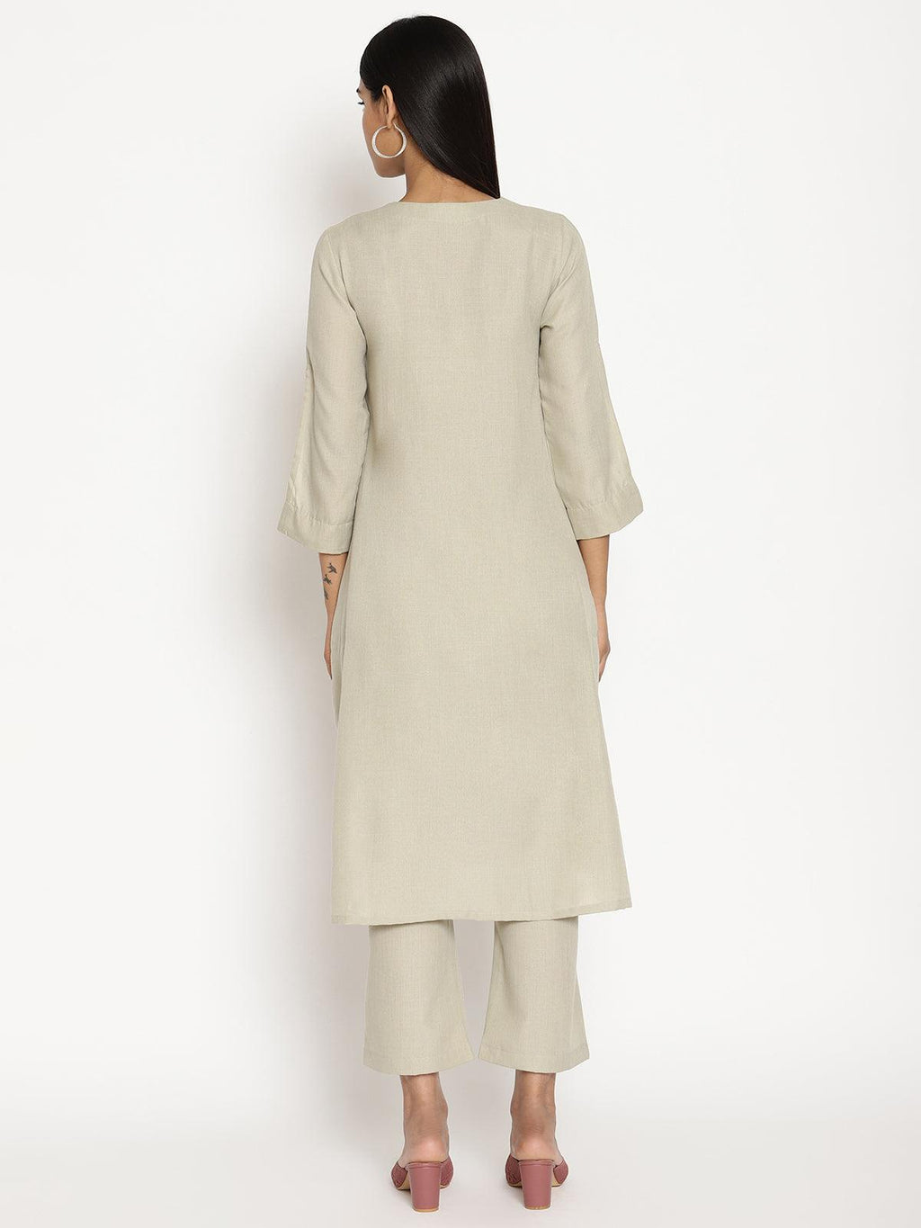 trueBrowns Cotton Linen Light Grey Flared Kurta Pant Set | Grocsy