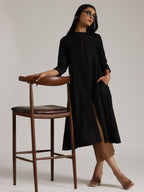 trueBrowns Cotton Linen Black Kurta Pant Set | Grocsy