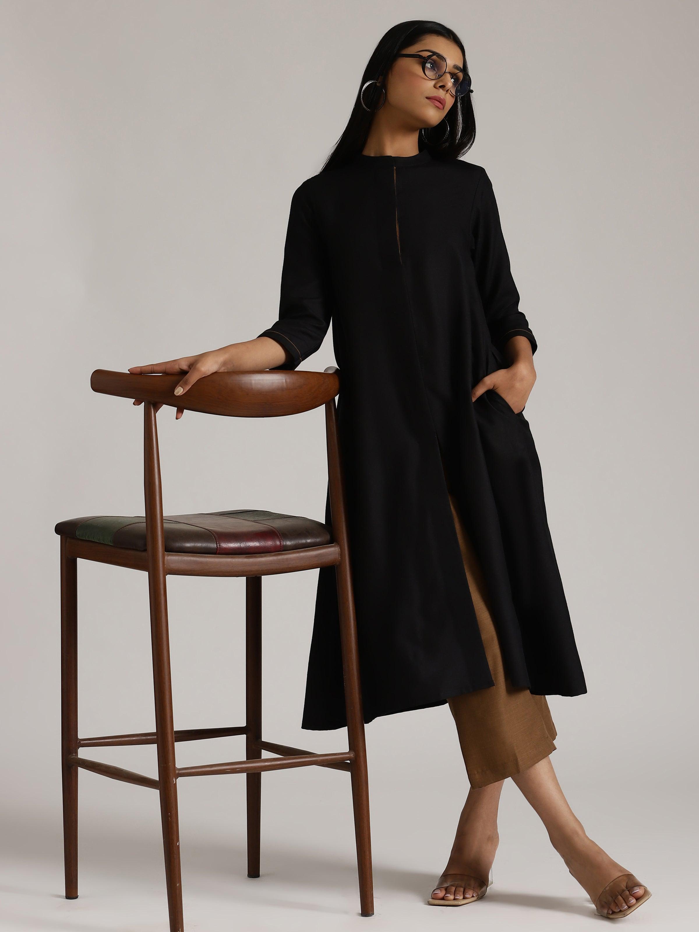 trueBrowns Cotton Linen Black Kurta Pant Set | Grocsy